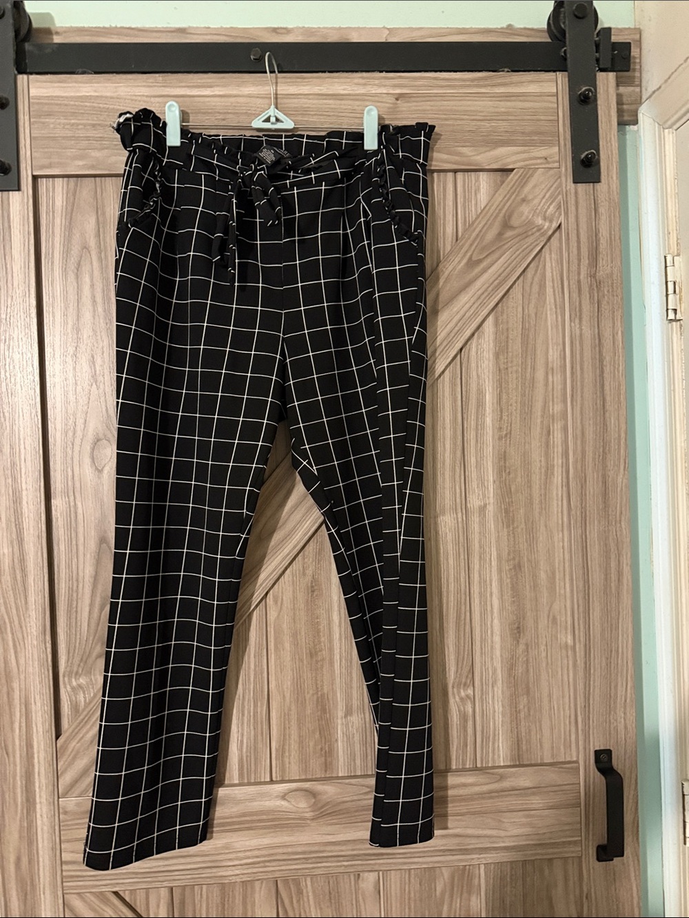 Soho Apparel Black Windowpane Paperbag Waist Straight Leg Pants with White Grid